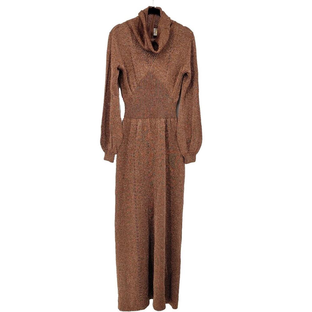Vtg 70s Disco Wenjilli Sz 15/16 Copper Gold Metallic Knit Maxi Dress Cowl Gown